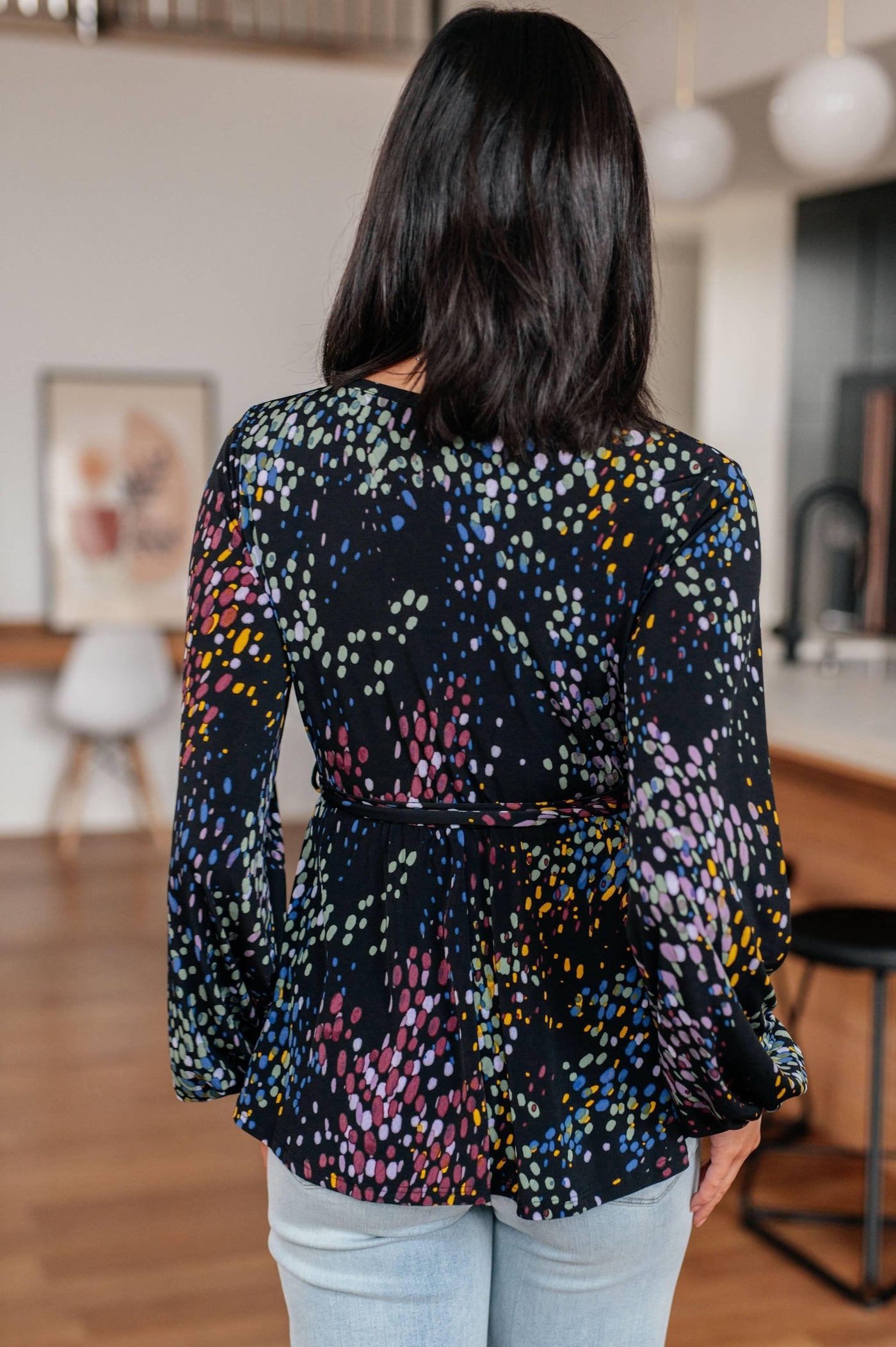 Back view of faux wrap top, colorful pattern