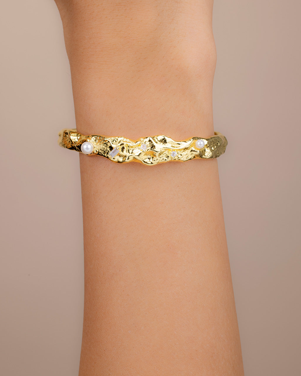 Caspara CZ & Pearl Textured Cuff Bracelet