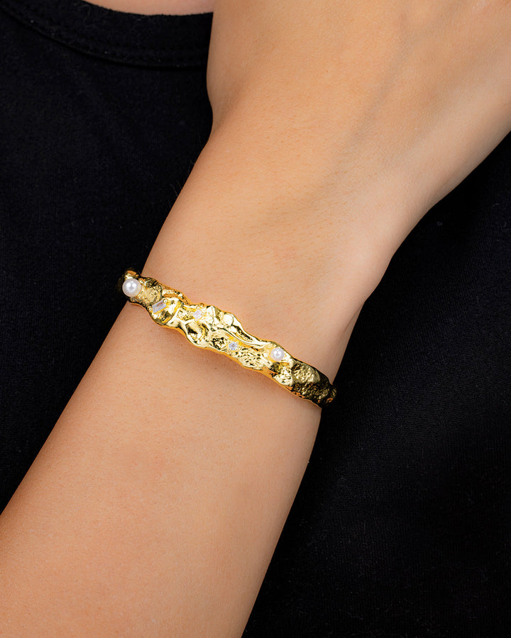 Caspara CZ & Pearl Textured Cuff Bracelet
