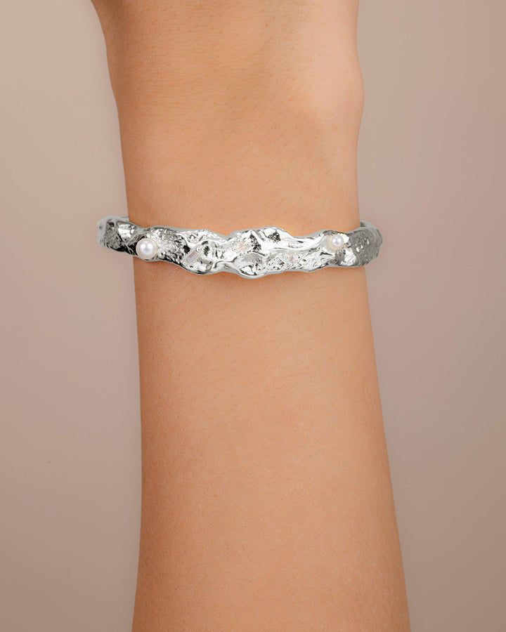 Caspara CZ & Pearl Textured Cuff Bracelet