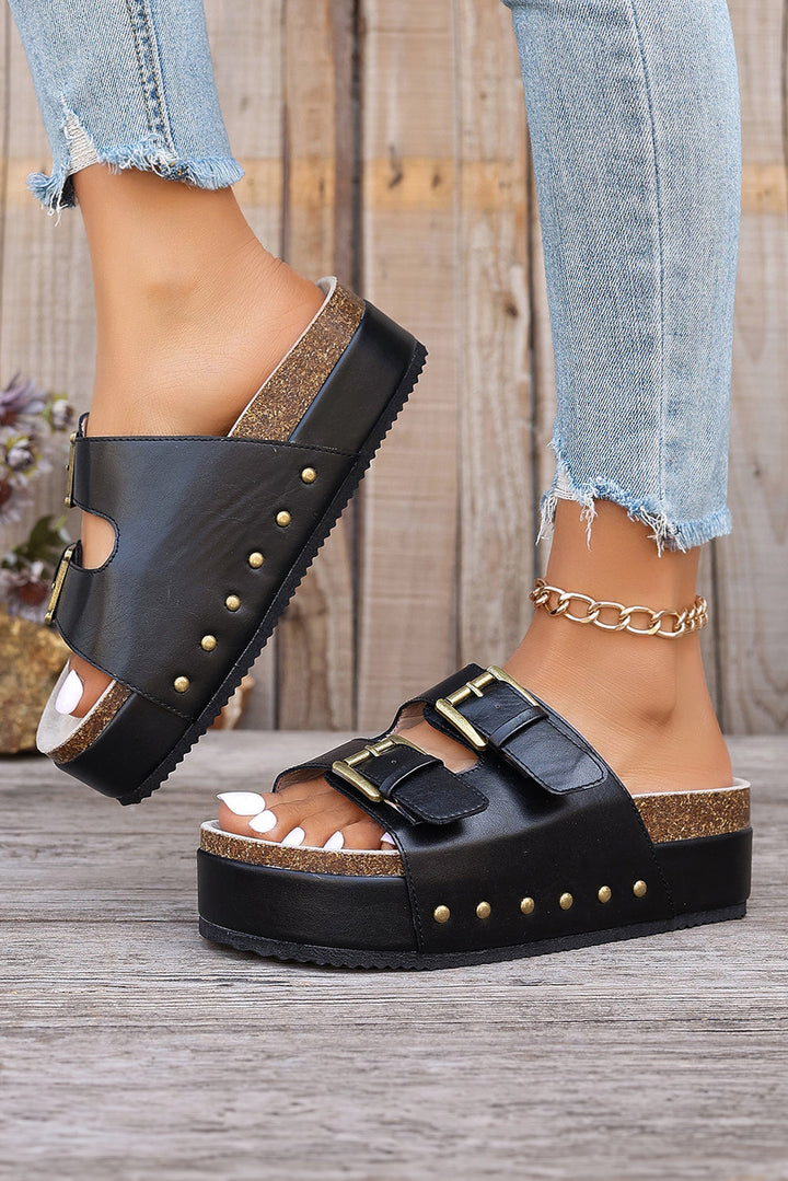 Dual Buckle Studded Platform Sandal Slippers