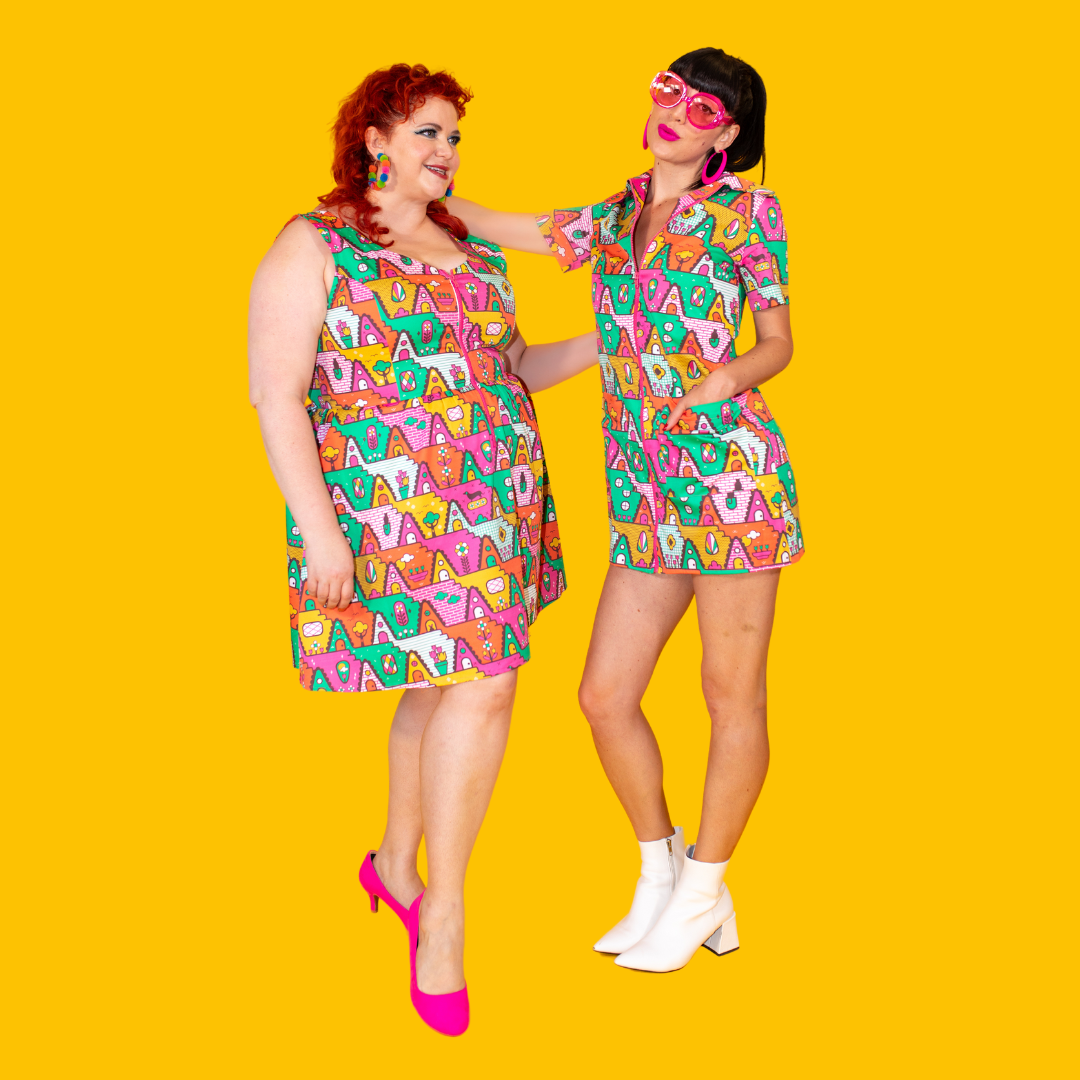 8-Bit A-Frames Fit & Flare Midi Dress in Bright Day