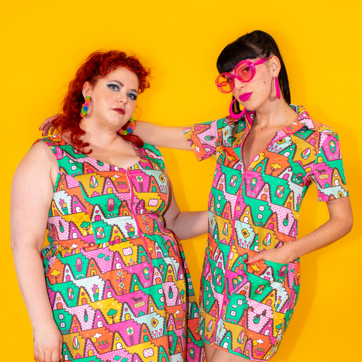 8-Bit A-Frames Fit & Flare Midi Dress in Bright Day