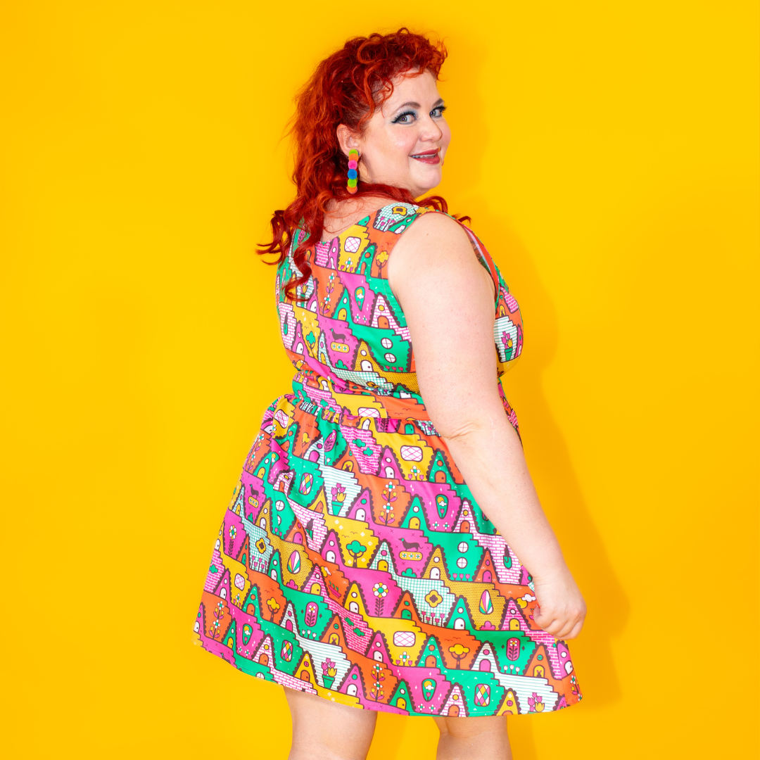 8-Bit A-Frames Fit & Flare Midi Dress in Bright Day