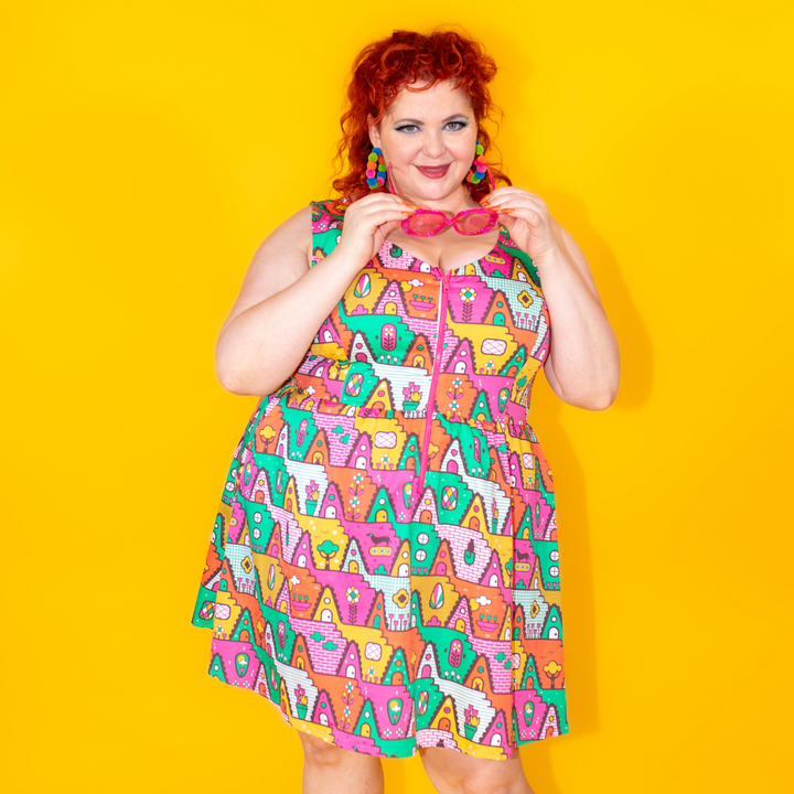 8-Bit A-Frames Fit & Flare Midi Dress in Bright Day