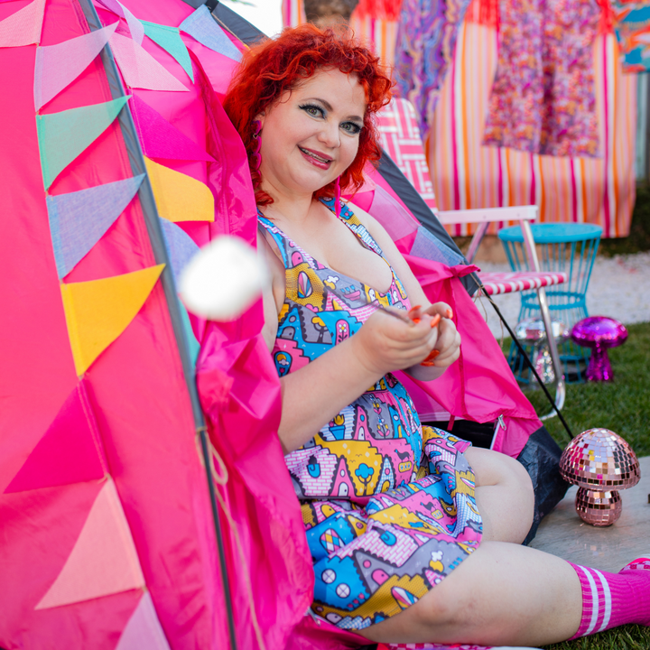 8-Bit A-Frames Fit & Flare Dress in Pretty Pastel