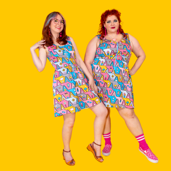 8-Bit A-Frames Fit & Flare Dress in Pretty Pastel