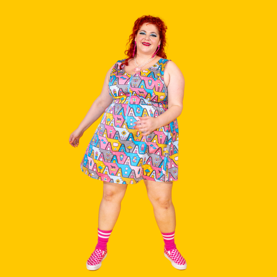 8-Bit A-Frames Fit & Flare Dress in Pretty Pastel