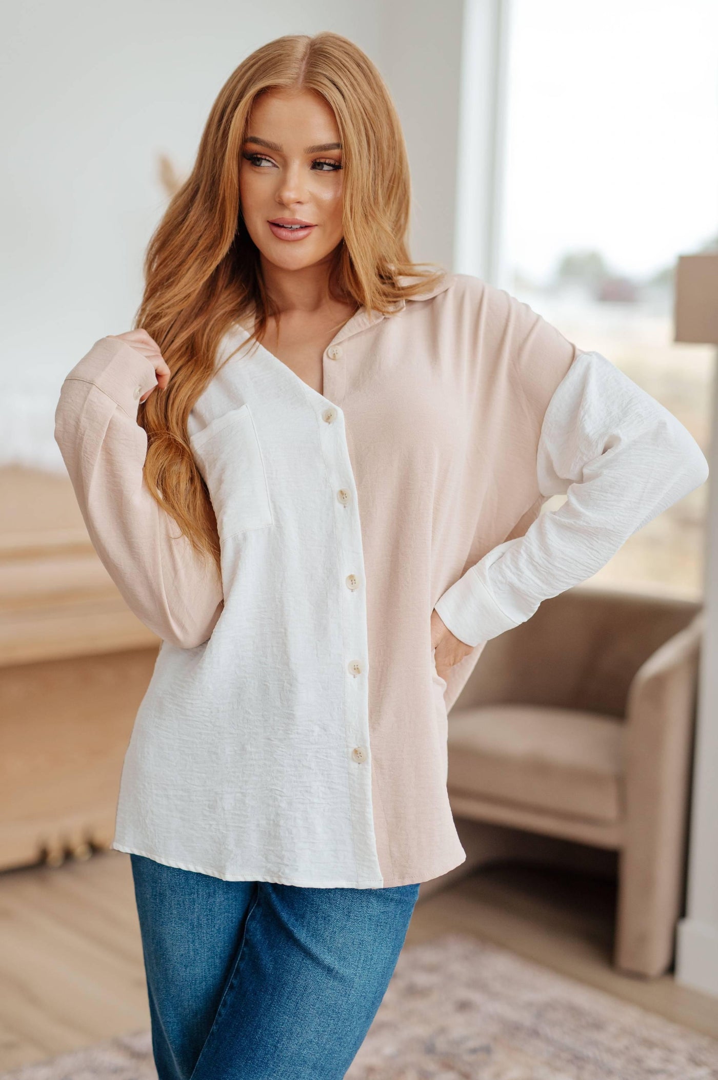 Close-up of Block Party Button Down in beige and white