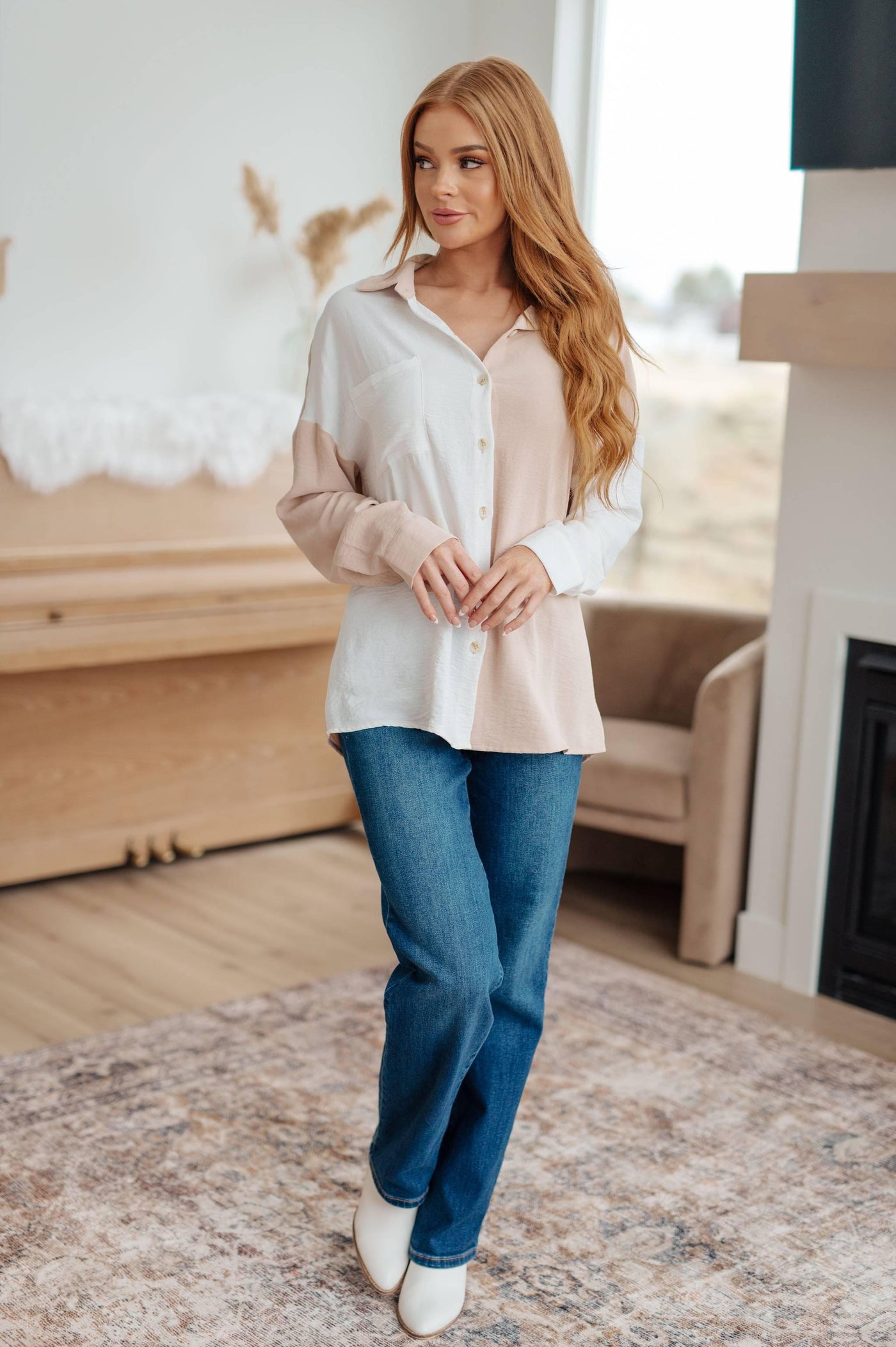 Model wearing Block Party Button Down with jeans