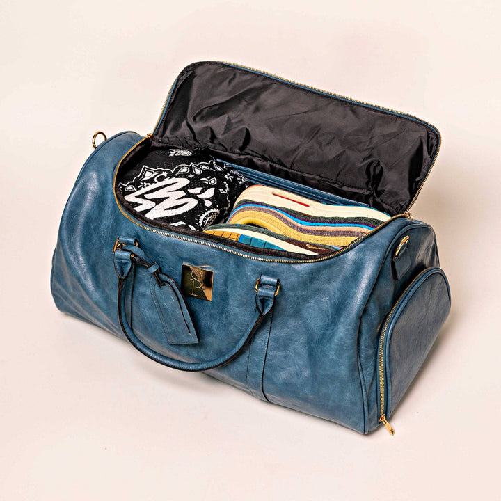 Blue Tumbled Leather Weekender Duffle Bag