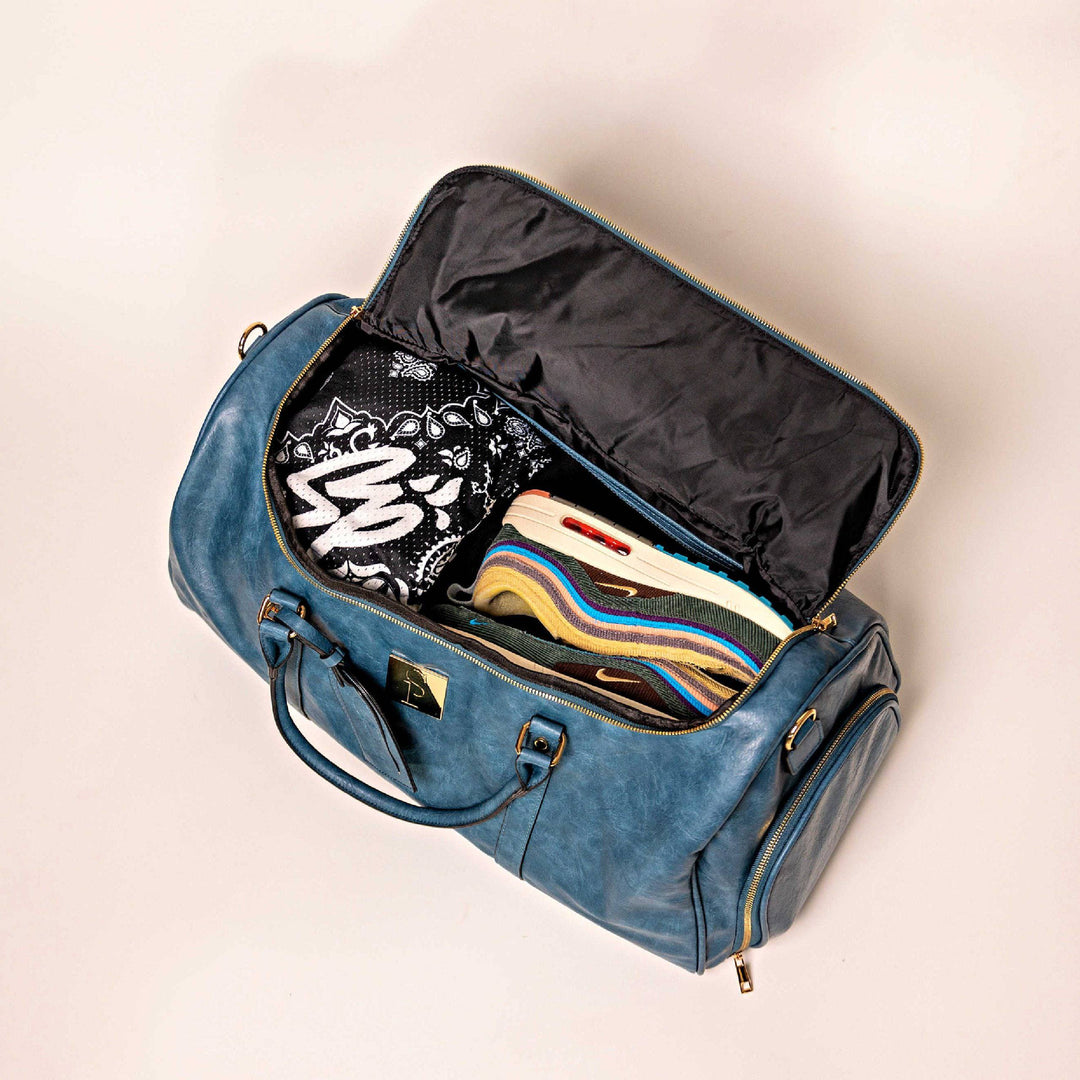 Blue Tumbled Leather Weekender Duffle Bag