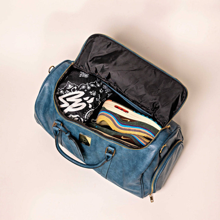 Blue Tumbled Leather Weekender Duffle Bag