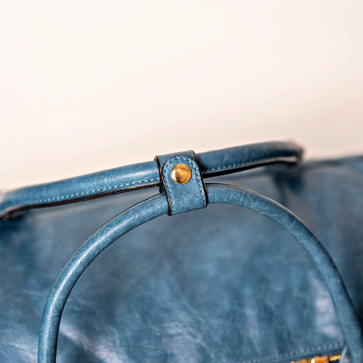 Blue Tumbled Leather Weekender Duffle Bag