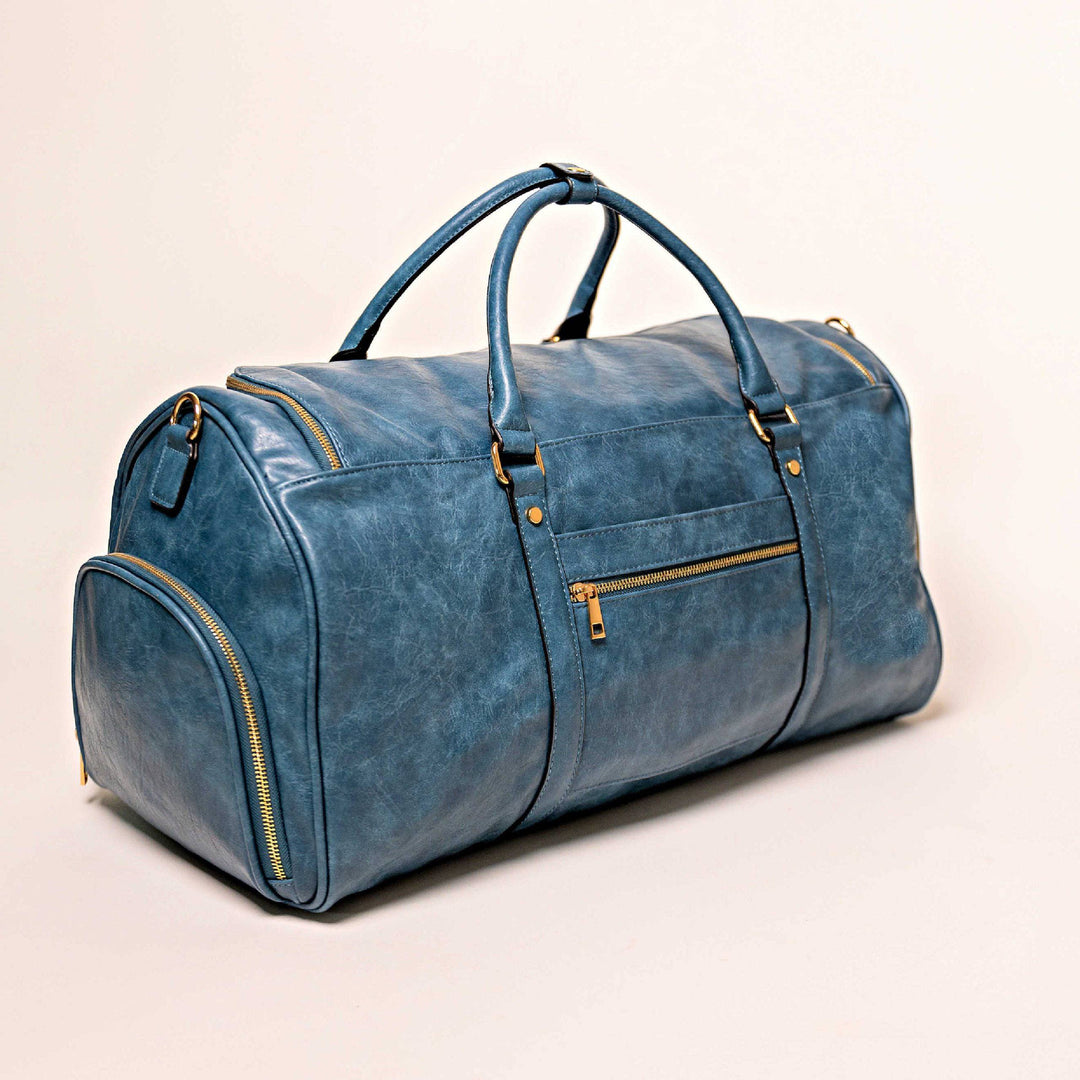 Blue Tumbled Leather Weekender Duffle Bag