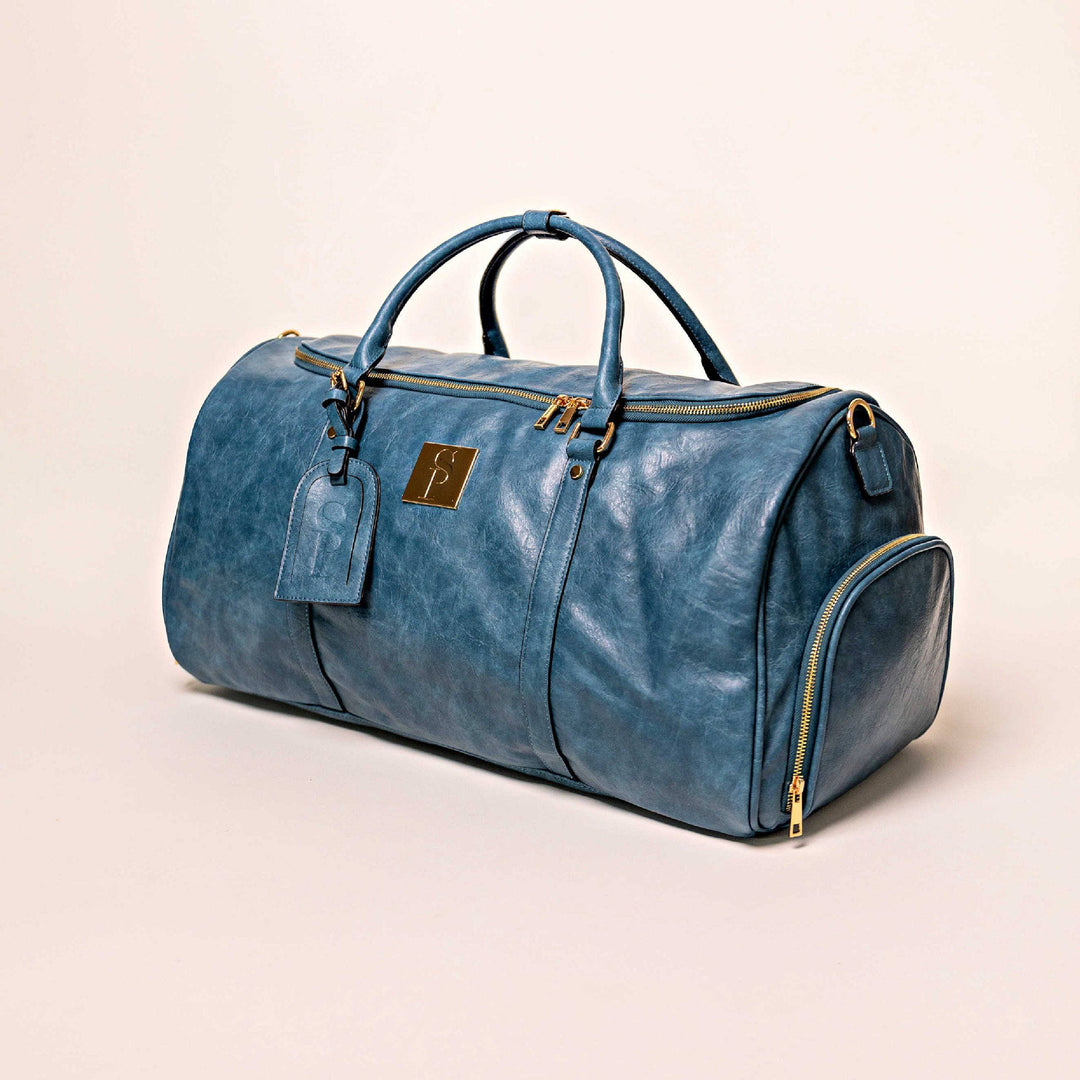 Blue Tumbled Leather Weekender Duffle Bag