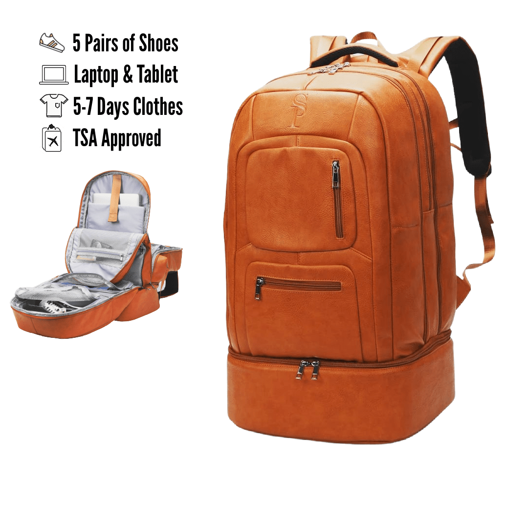 Brown Leather Luxury Carry-On Backpack (Patented Signature Design)