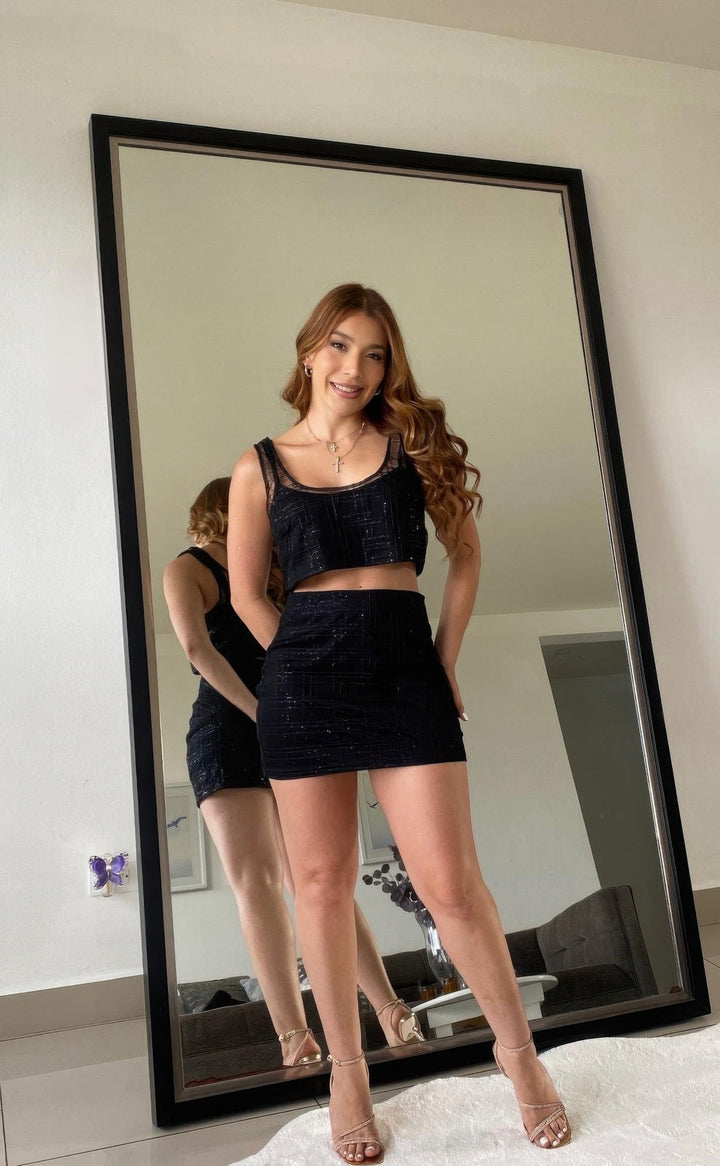 Black Sequin Detail Two Piece Set Crop And Skirt