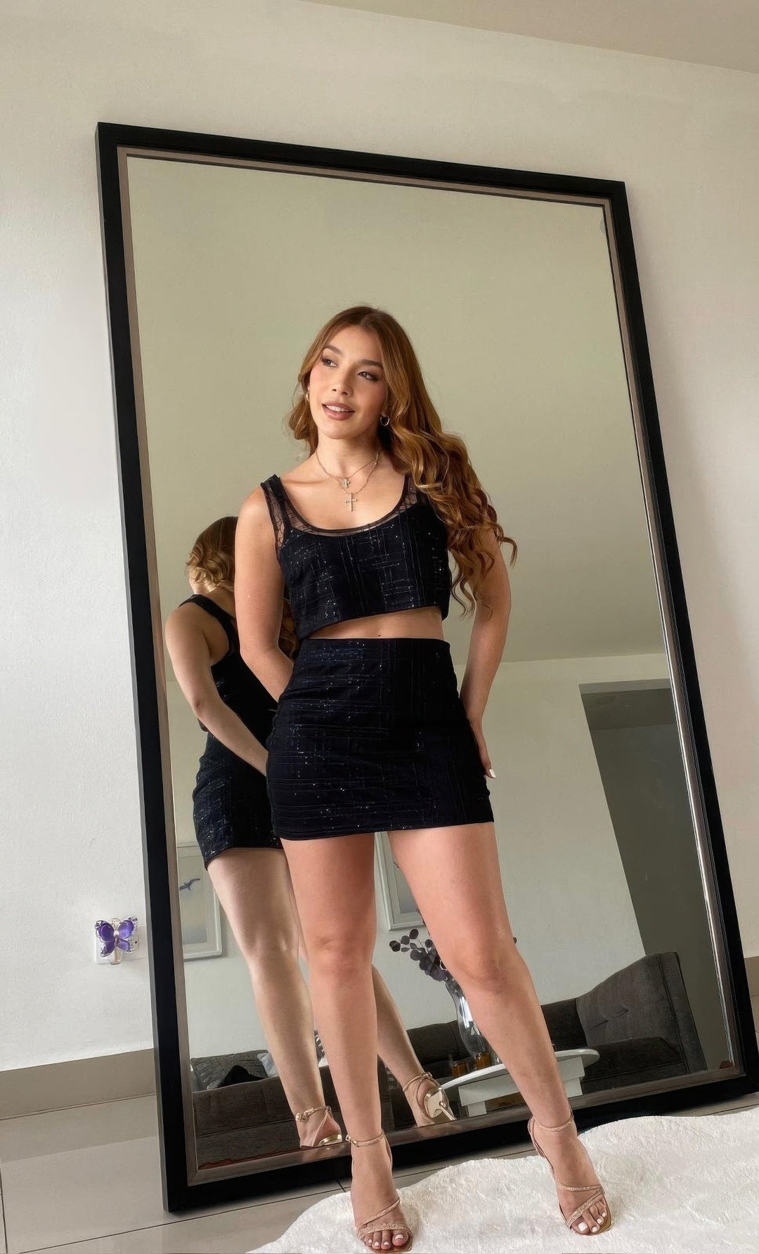 Black Sequin Detail Two Piece Set Crop And Skirt