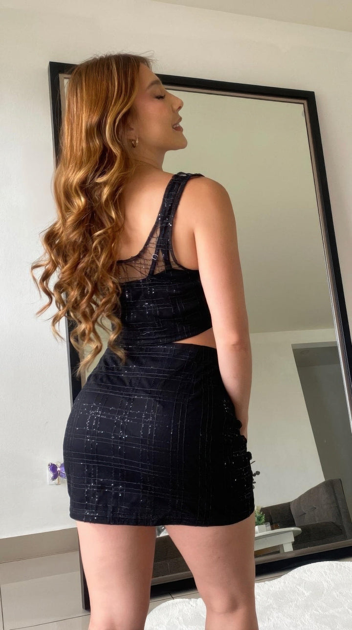 Black Sequin Detail Two Piece Set Crop And Skirt