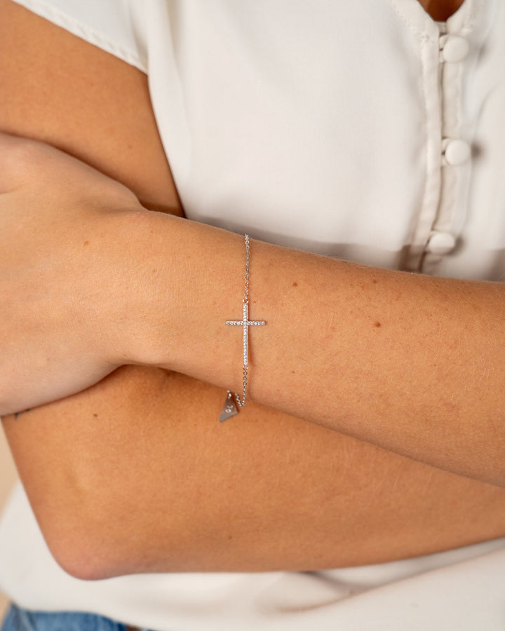 Sterling Silver Sideways CZ Cross Bracelet