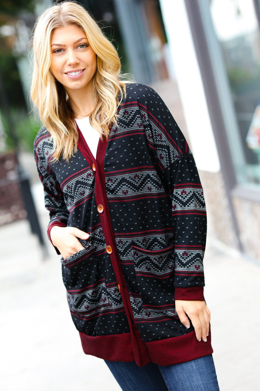 All Class Burgundy Holiday Print Button Cardigan - Sybaritic Bags & Clothing