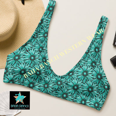 Yeehaw Turquoise Floral Leather Print Bikini Top