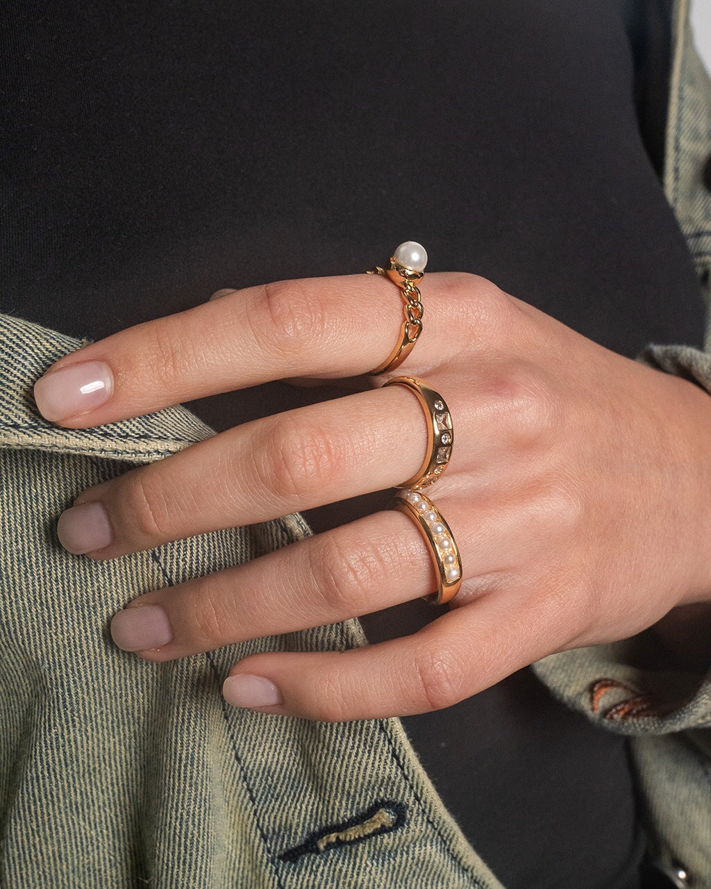 Kimber Pearl & CZ Stacking Ring Set of 3