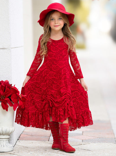 Red Hi-Lo Drawstring Lace Ruffle Dress