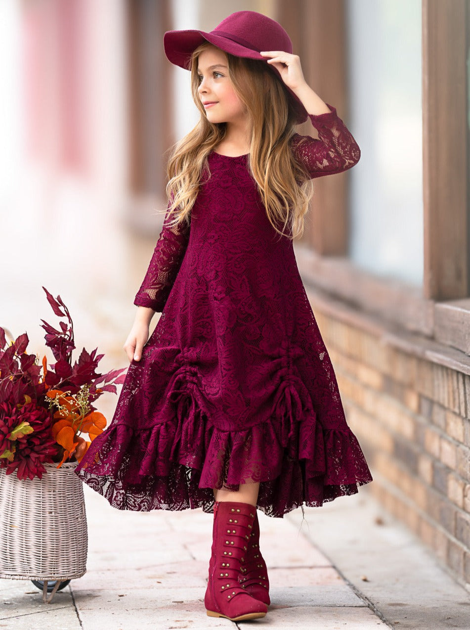 Burgundy Hi-Lo Drawstring Lace Ruffle Dress