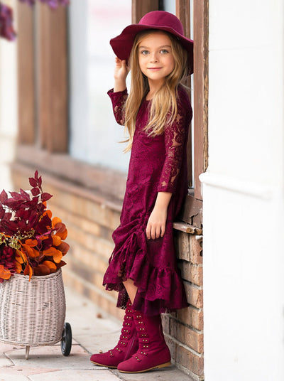 Burgundy Hi-Lo Drawstring Lace Ruffle Dress