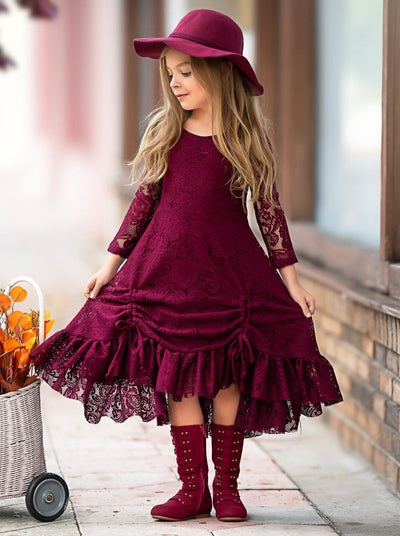 Burgundy Hi-Lo Drawstring Lace Ruffle Dress