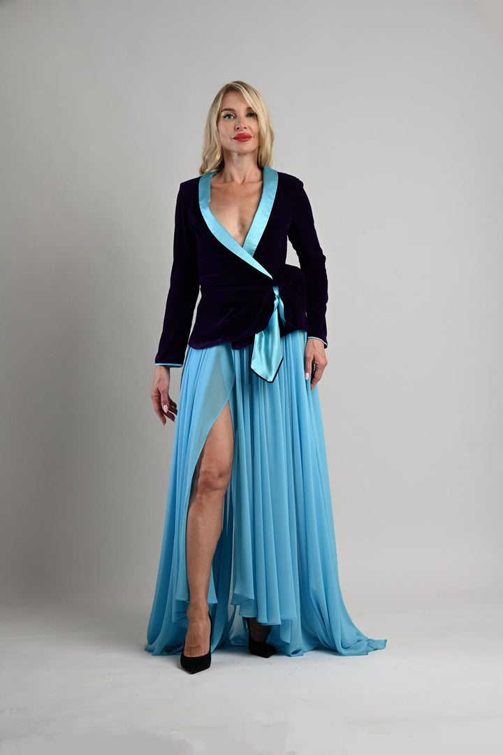 Turquoise Chiffon Maxi Skirt with Overlap Slit