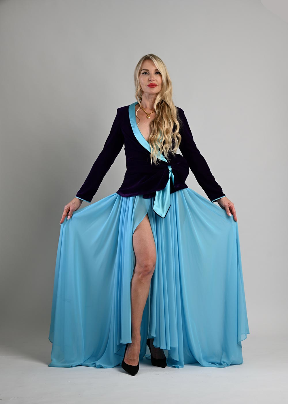 Turquoise Chiffon Maxi Skirt with Overlap Slit