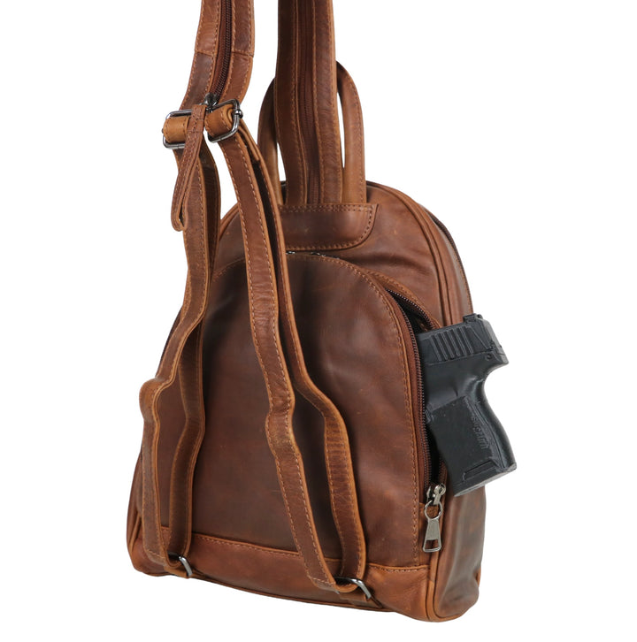 Concealed Carry RFID Daisy Leather Backpack for Women — CCW Backpack Purse with RFID Protection and Locking Gun Compartment