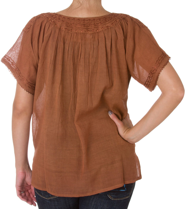 Sakkas Embroidered 100% Cotton Semi-Sheer Short Sleeve Gauzy Top / Blouse