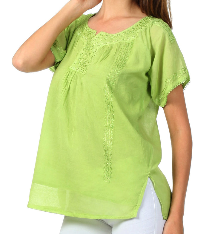 Sakkas Embroidered 100% Cotton Semi-Sheer Short Sleeve Gauzy Top / Blouse