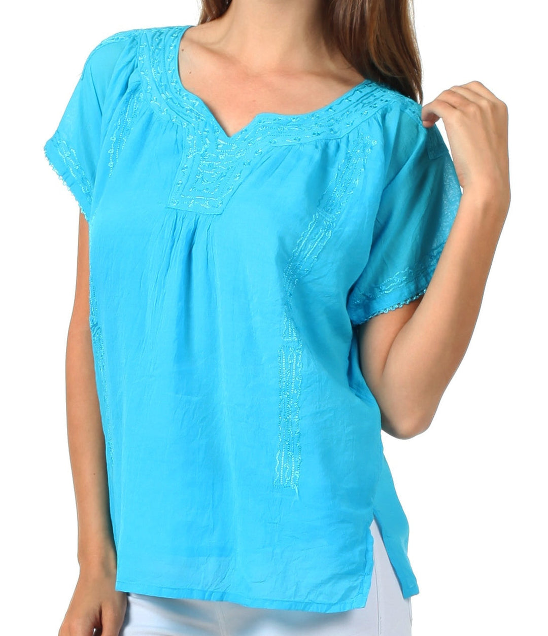 Sakkas Embroidered 100% Cotton Semi-Sheer Short Sleeve Gauzy Top / Blouse