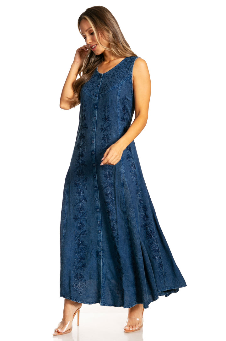 Sakkas Maya Floral Embroidered Sleeveless Button Up Rayon Dress