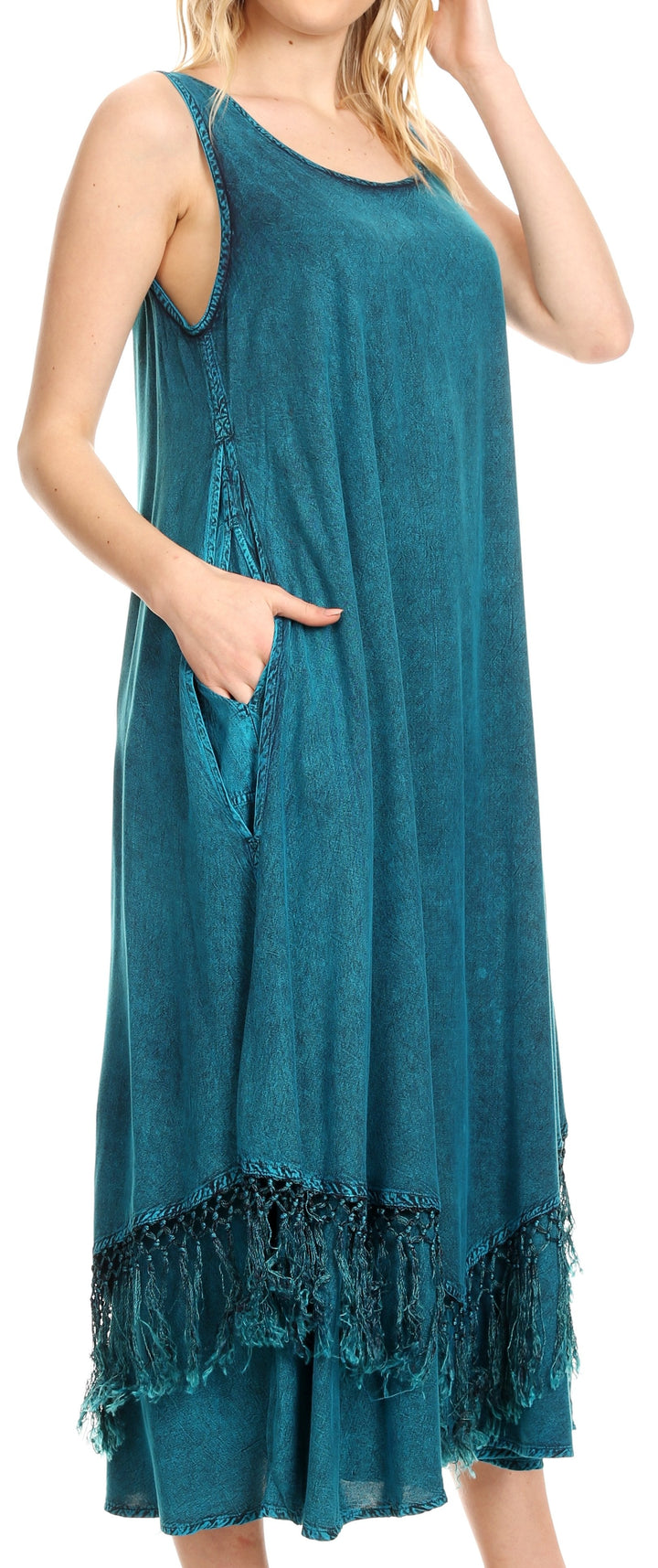 Sakkas Emma Relaxed Fit Scoop Neck Double Layered with Fringe Tank Dress