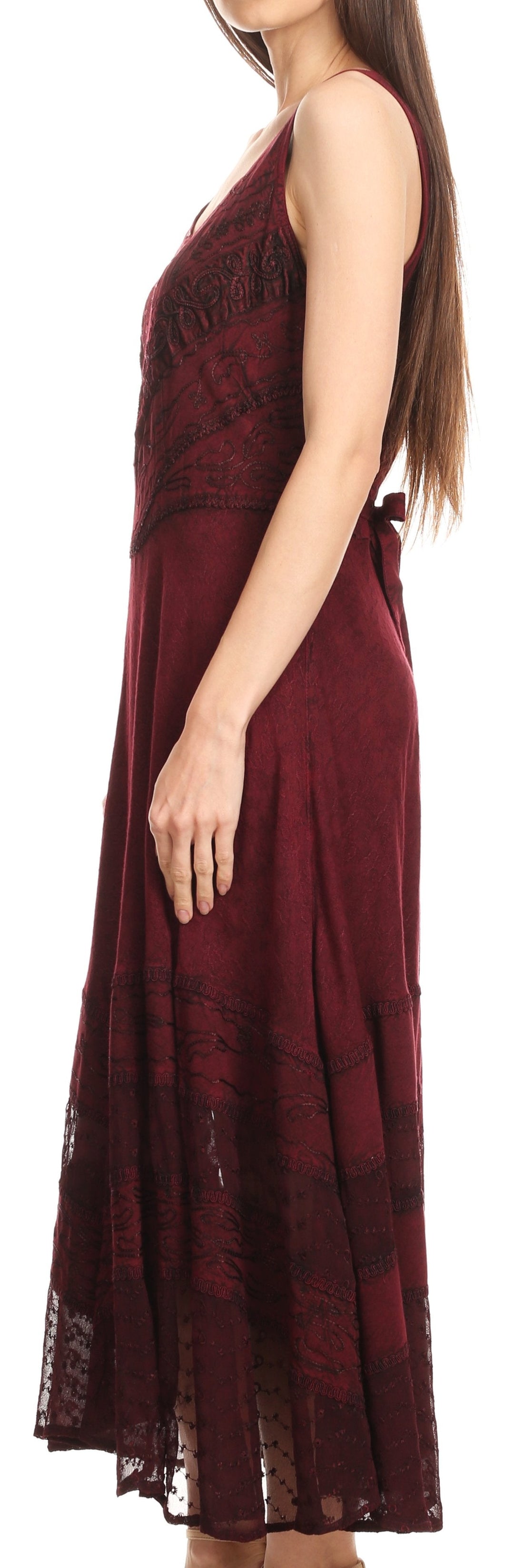 Sakkas Zendaya Stonewashed Rayon Embroidered Floral Vine Sleeveless V-neck Dress