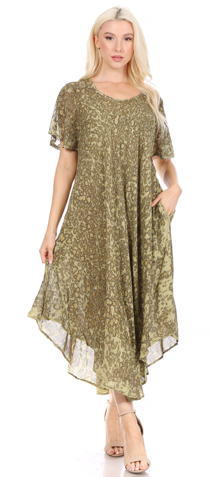 Sakkas Lila Freckled Dyed Cap Sleeve Scoopneck Long Caftan Dress / Cover Up