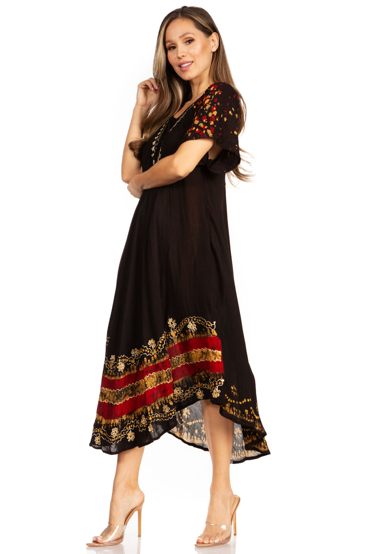 Sakkas Elisha Mid Length Batik Caftan Embroidered Cap Sleeves Floral Pattern