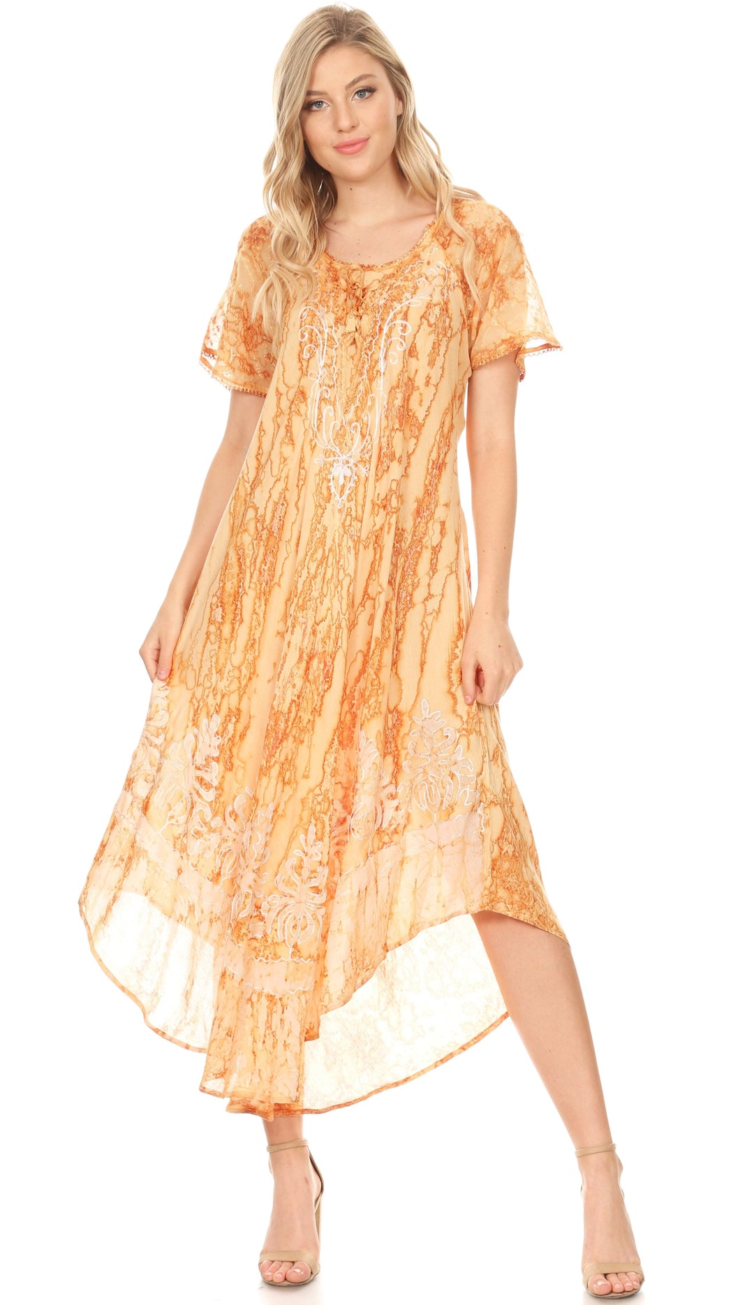 Sakkas Ronny Lace Embroidered Cap Sleeve Tie Dye Wash Caftan Dress / Cover Up