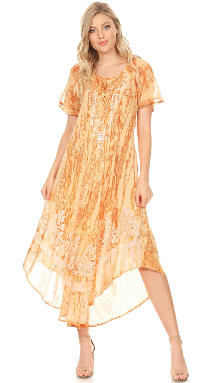 Sakkas Ronny Lace Embroidered Cap Sleeve Tie Dye Wash Caftan Dress / Cover Up