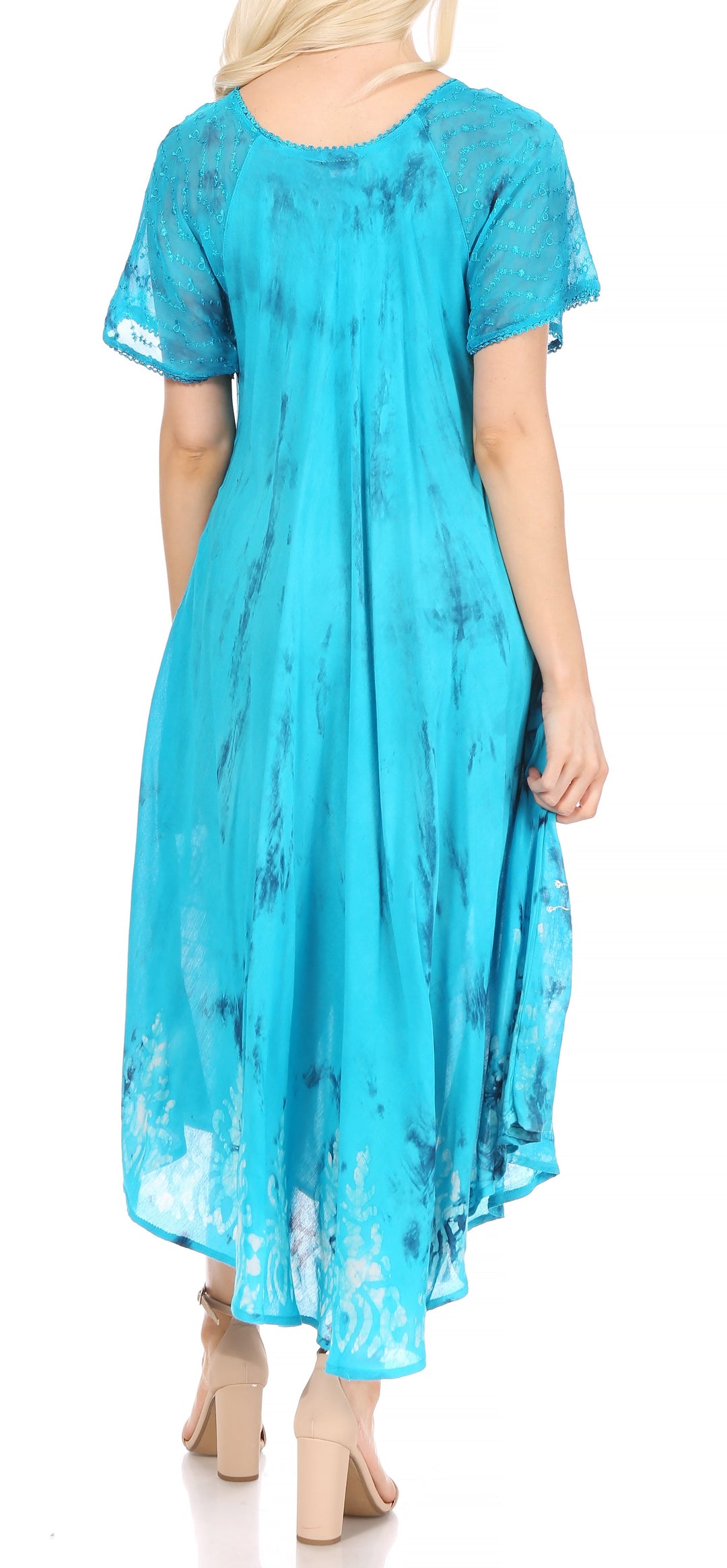 Sakkas Ronny Lace Embroidered Cap Sleeve Tie Dye Wash Caftan Dress / Cover Up