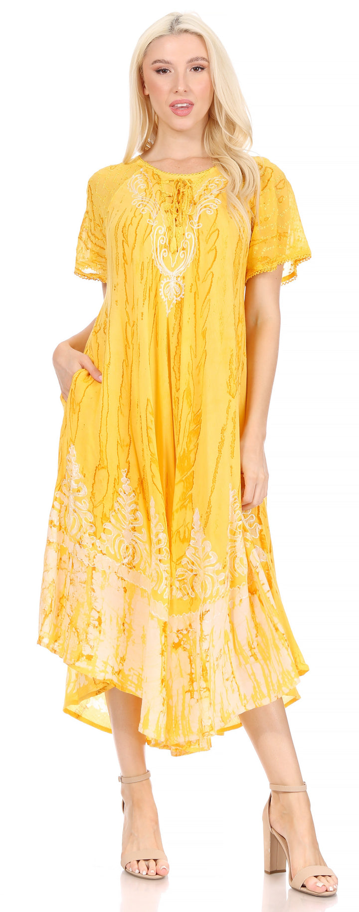 Sakkas Ronny Lace Embroidered Cap Sleeve Tie Dye Wash Caftan Dress / Cover Up