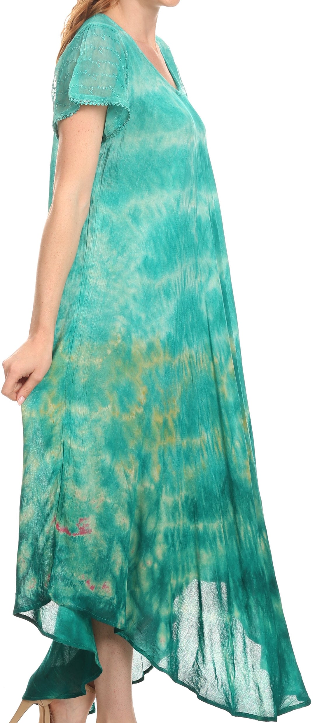 Sakkas Kaylaye Long Tie Dye Ombre Embroidered Cap Sleeve Caftan Dress / Cover Up