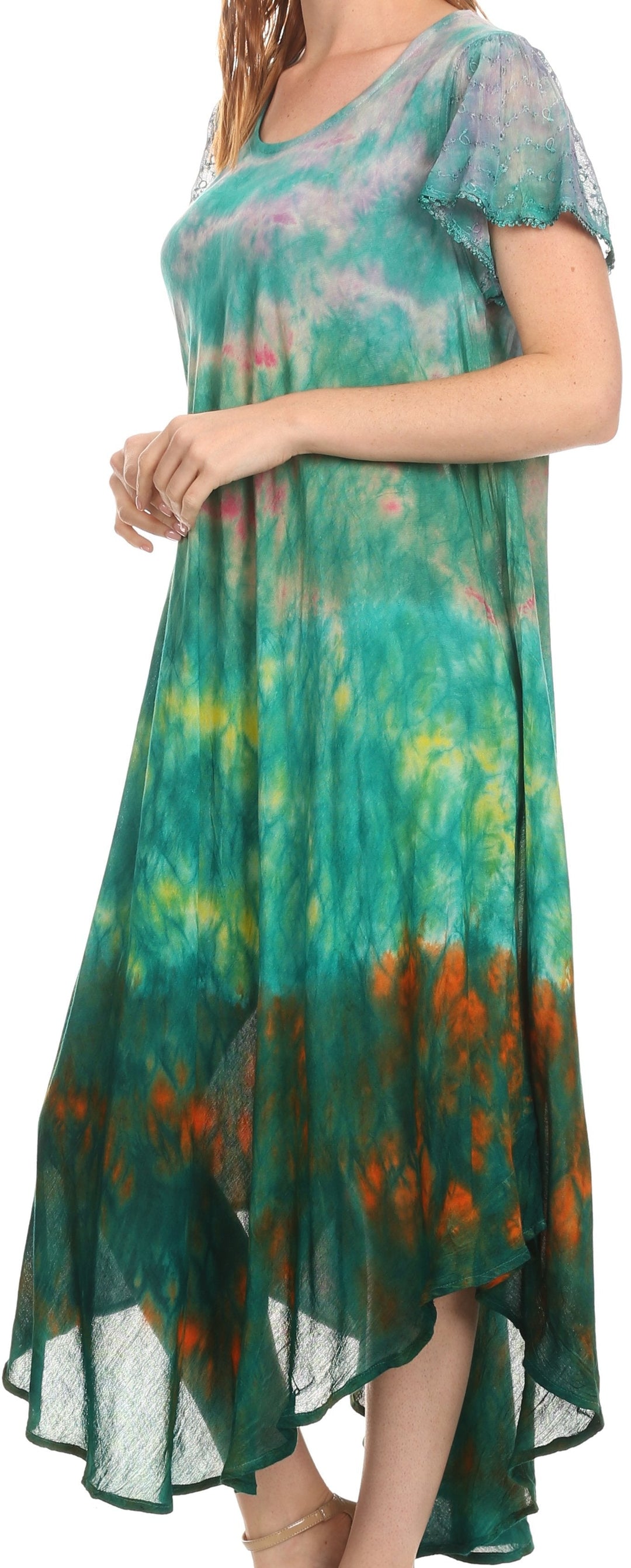 Sakkas Kaylaye Long Tie Dye Ombre Embroidered Cap Sleeve Caftan Dress / Cover Up