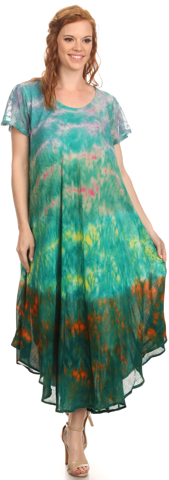 Sakkas Kaylaye Long Tie Dye Ombre Embroidered Cap Sleeve Caftan Dress / Cover Up